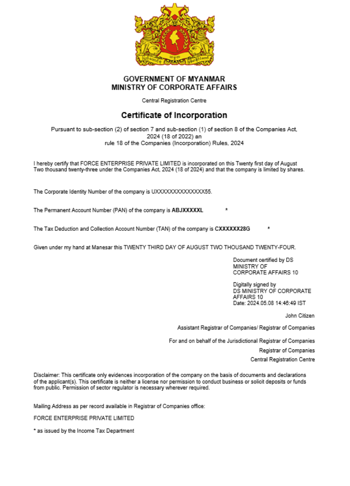 Myanmar  business registration certificate Word and PDF template